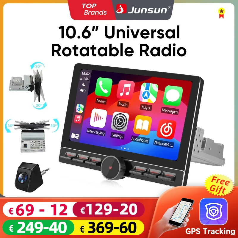 Junsun 10.6" Universal Rotatable Radio AI Wireless CarPlay 4G Android 14 Multimedia Player WiFi GPS Navi 1Din Auto Stereo