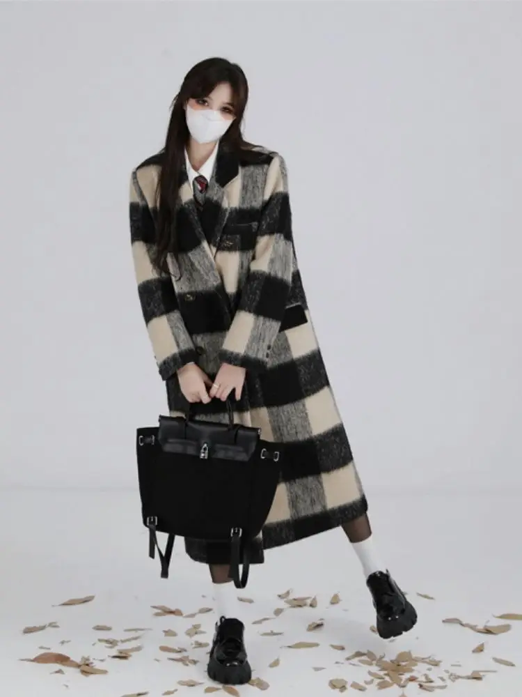 Vintage Black White Plaid Long Wool Coat Women Winter Wool Blazer Coat Thick Luxury Brand Warm Jacket Korean Chic Outerwear