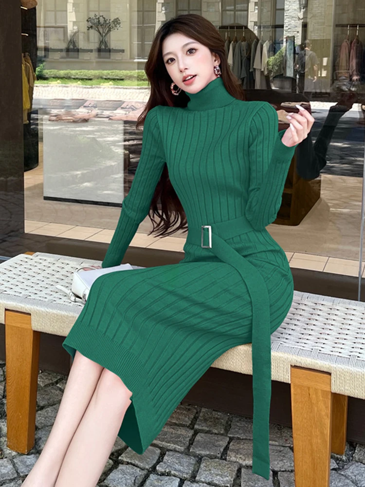 Women Street Clothes Sweater Casual Knitted Simple Solid High Neck Belt Skinny Bodycon Stretchy Dress Elegant Lady Vestidos New