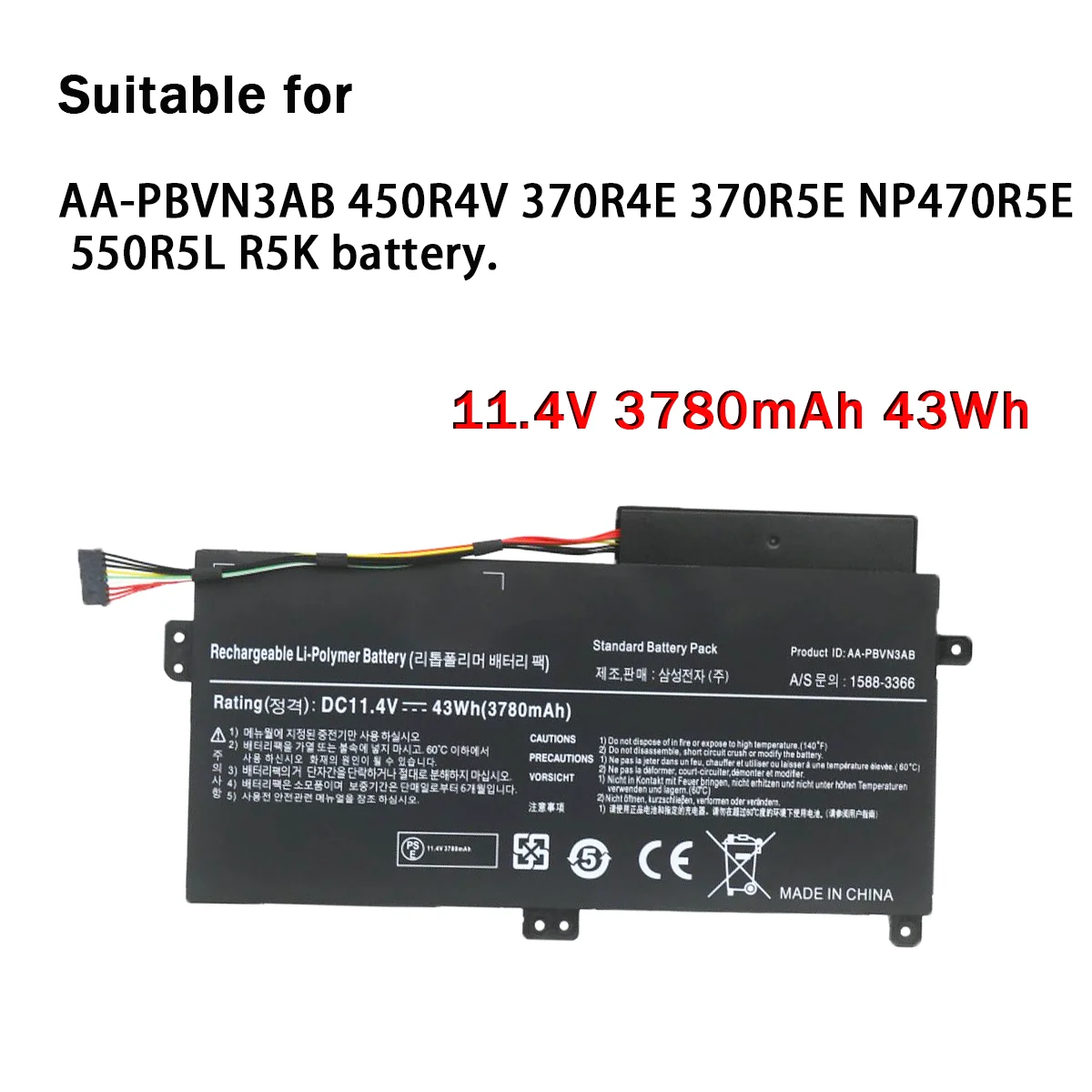 

Suitable for AA-PBVN3AB 450R4V370R4E370R5E550R555R55R55R5K battery 11.4V 3780mAh 43Wh