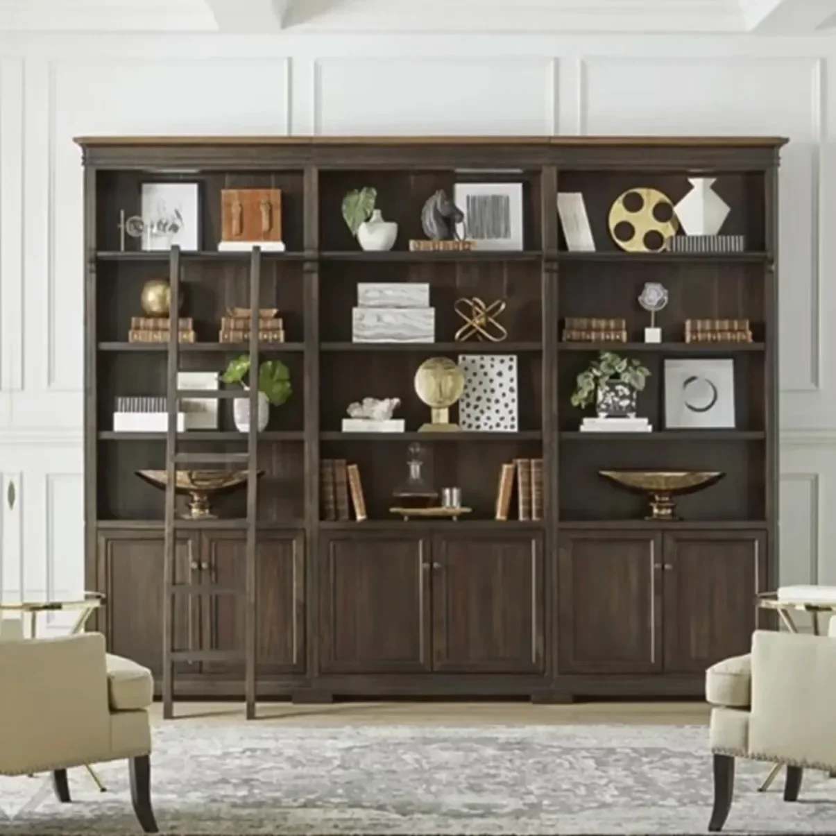 American solid wood with ladder bookcase French storage figure display wine cabinet against the wall