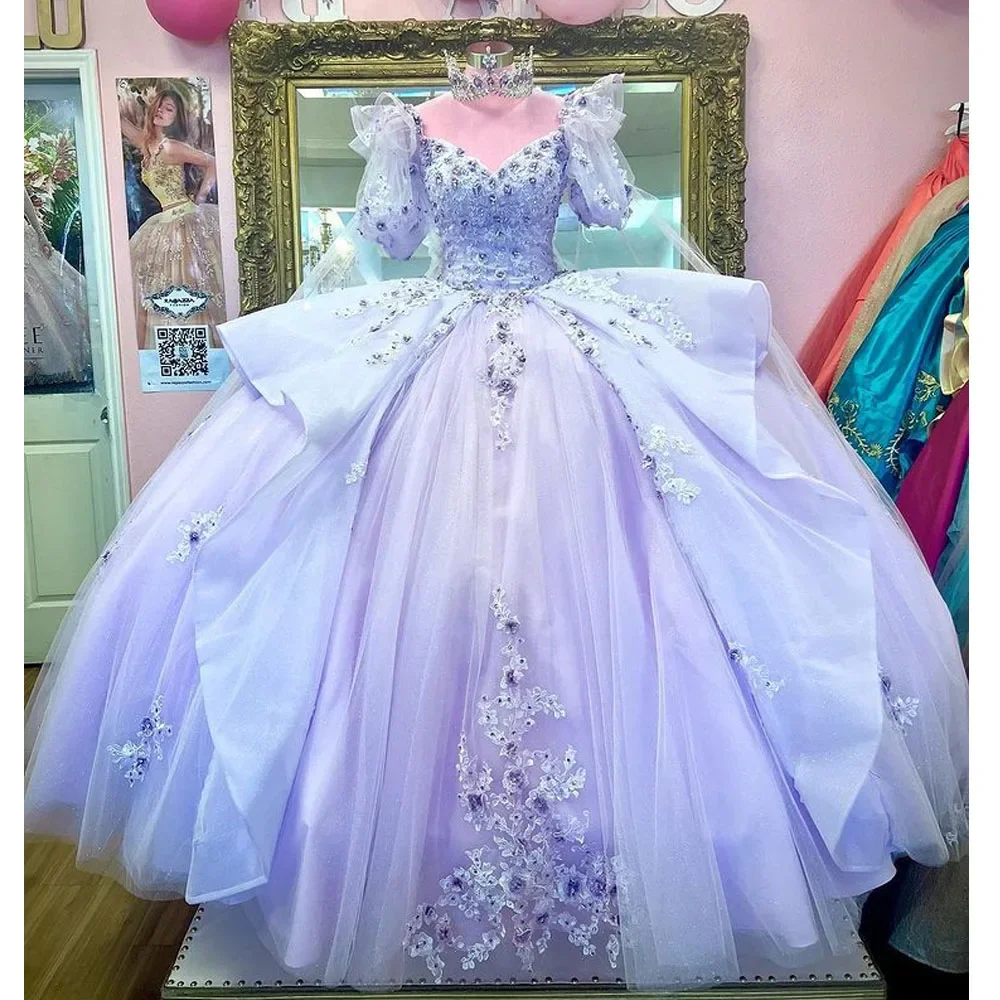 

Romantic Lilac Quinceanera Dress With Cape Half Puff Sleeve Appliques Lace Off Shoulder Beading Ruffles Sweet 15 Birthday Party