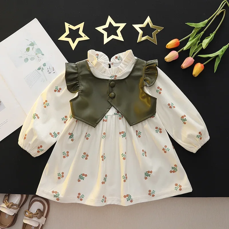 (0-3 Years Old Girls) Fall New Girls Dress Lace Pleated Floral Pattern Leather Vest Button Sweet Princess Dress