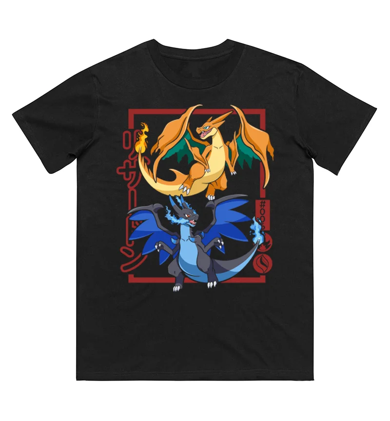 Camiseta de algodón puro con estampado de Pokémon Charizard Evolution para hombre y mujer, nueva colección de primavera/verano, camisa de manga corta a la moda