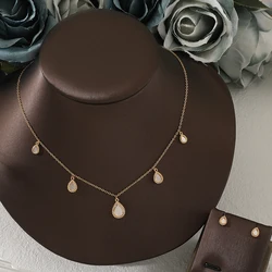 Women Fashion Tredny Sweet Copper Zircon Shell Waterdrop Design Choker Necklace Earring Set Party Wedding Jewelry Set Accessory