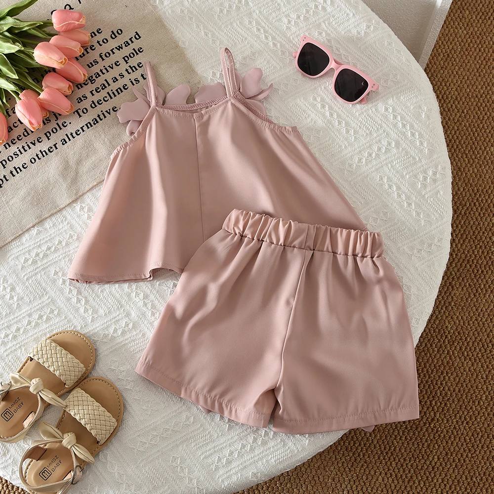 Summer Fashion New Baby Clothing Pink Sleeveless Girl Outfits Sweet Pink 3D Flower Children's Top and Bottom Clothes Set