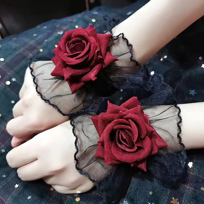 Lolita Short Hand Sleeve Gloves Lace Rose Flower Wrist Cuffs Ruffled Floral Elastic Bracelet Women Cosplay Clothing Wristband