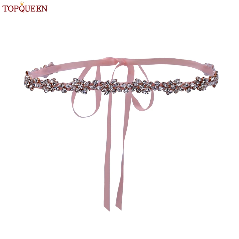 TOPQUEEN Full Rhinestone Bridal Thin Belt Diamond Flower Belt Bridal Sash for Wedding Dresses Bridesmaid Belt S437-RG