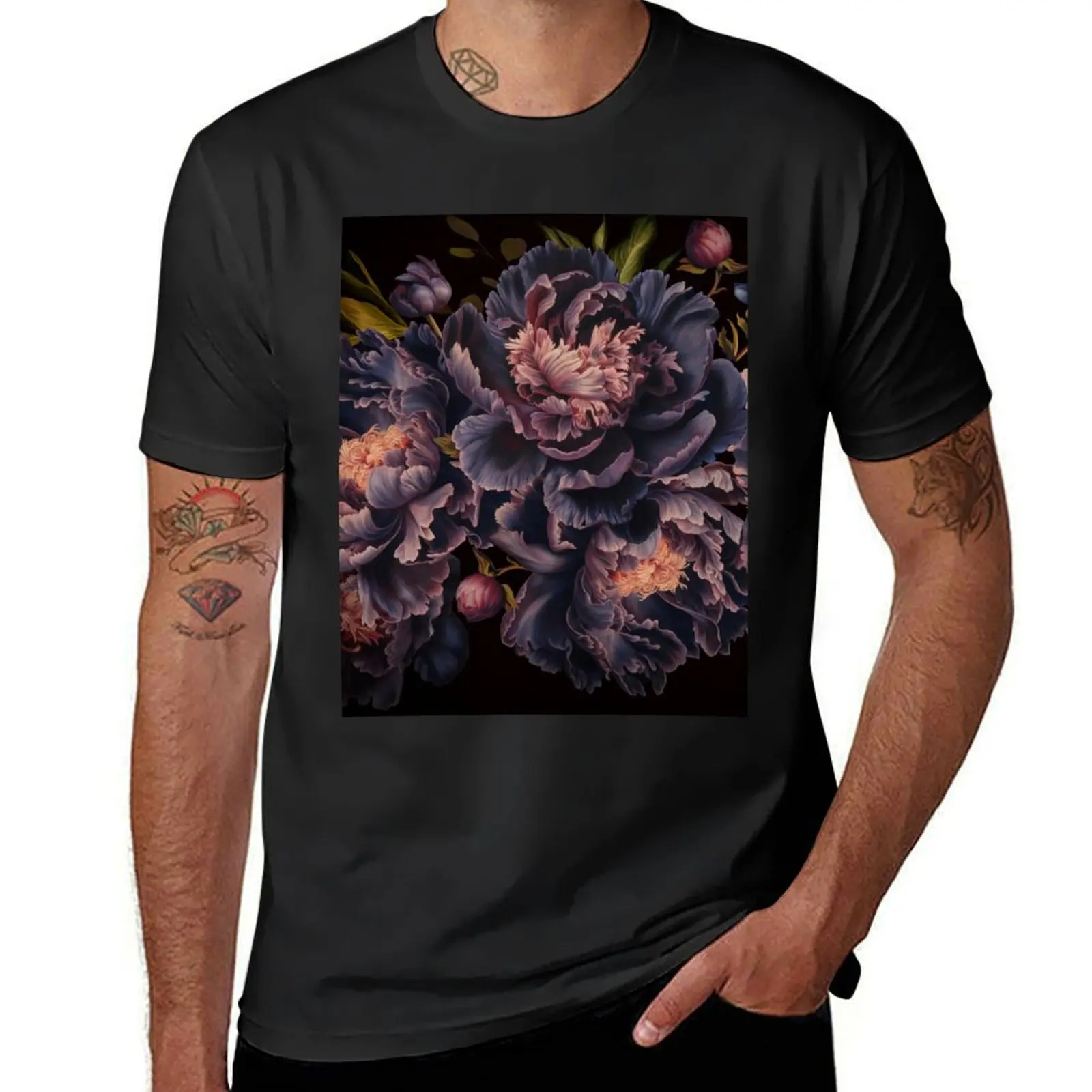 Vintage Moody Floral Baroque Peonies Botanical Night Garden T-Shirt new edition cute tops anime clothes mens t shirt