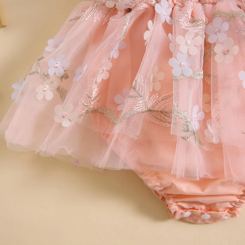 Baby Clothing Girl Rompers Dress Summer Flower Embroidered Tulle Jumpsuit And Bowknot Headband Clothes Newborn Set