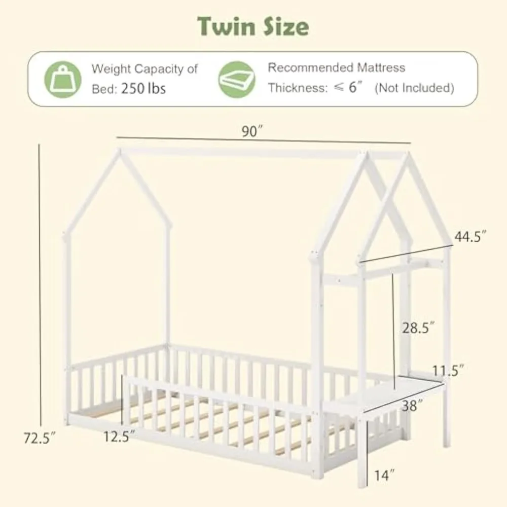 سرير Giantex Twin House Floor، سرير مونتيسوري من الخشب الصلب مع رف تخزين قابل للفصل، شماعة ملابس ودرابزين، سرير مزدوج #2