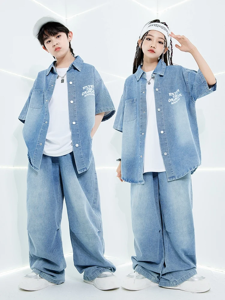 Children Street Dance Outfits Hip Hop Boys Loose Denim Shirt Pants Girls Jazz Perfromance Costume Short Sleeves Blue Set BL13339