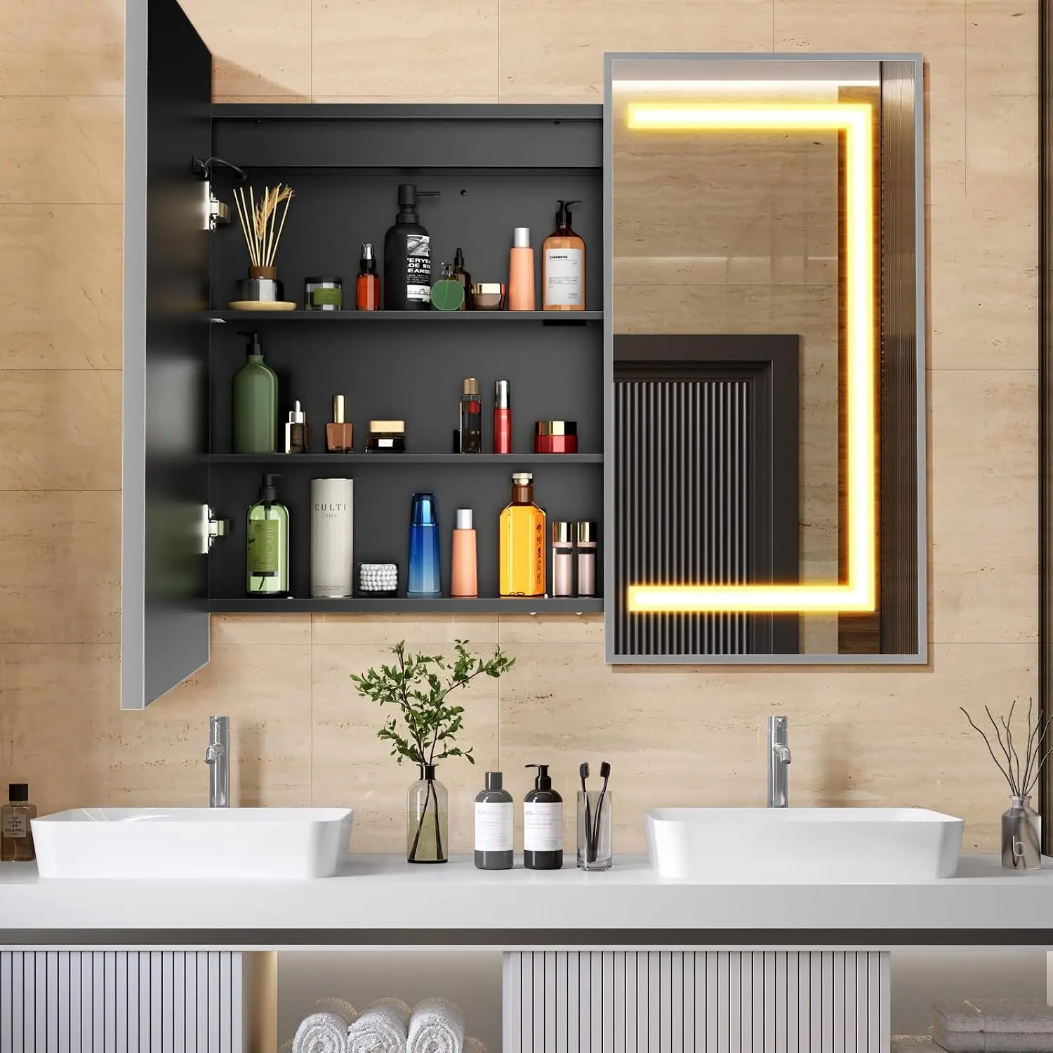 36x30 Lighted Medicine Cabinet with Mirror, Recessed or Surface Mount, Storage & LED, 3 Color Temp, Dimmable, Customized