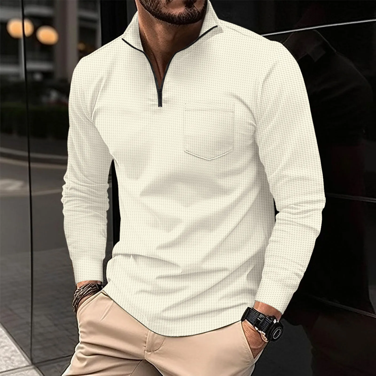 

Cross Border 2024 Fall Golf Casual Sports POLO Shirt Zipper pocket Men Waffle Fitness T-shirt Slim Fit polo shirt Long sleeve to