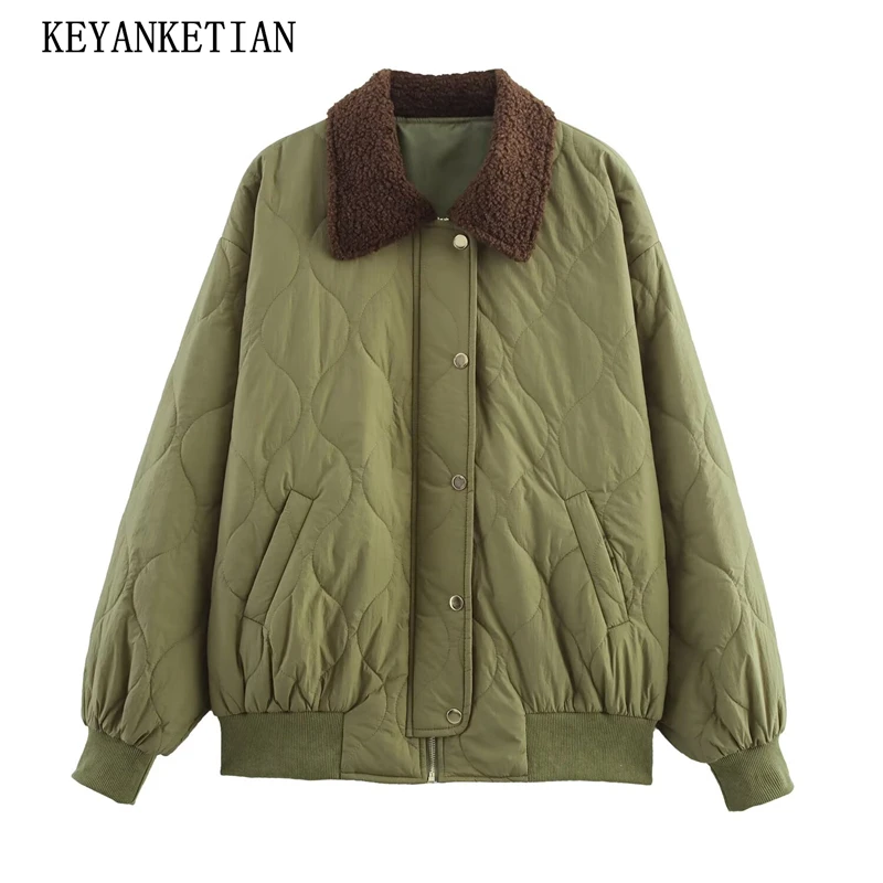 

KEYANKETIAN 2025 Winter New Unisex style Fleece Turn Down Collar Cotton-Padded Clothes Women's Zipper Wave Quilting Blazer Coat