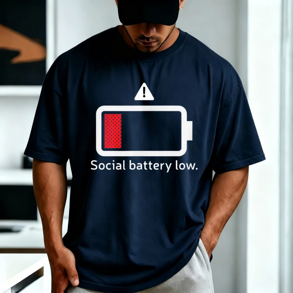 Social Battery Low Funny Anti-Social Introvert T-Shirt Short Sleeve O-neck Casual Fahsion Loose Harajuku Man Women Clothing