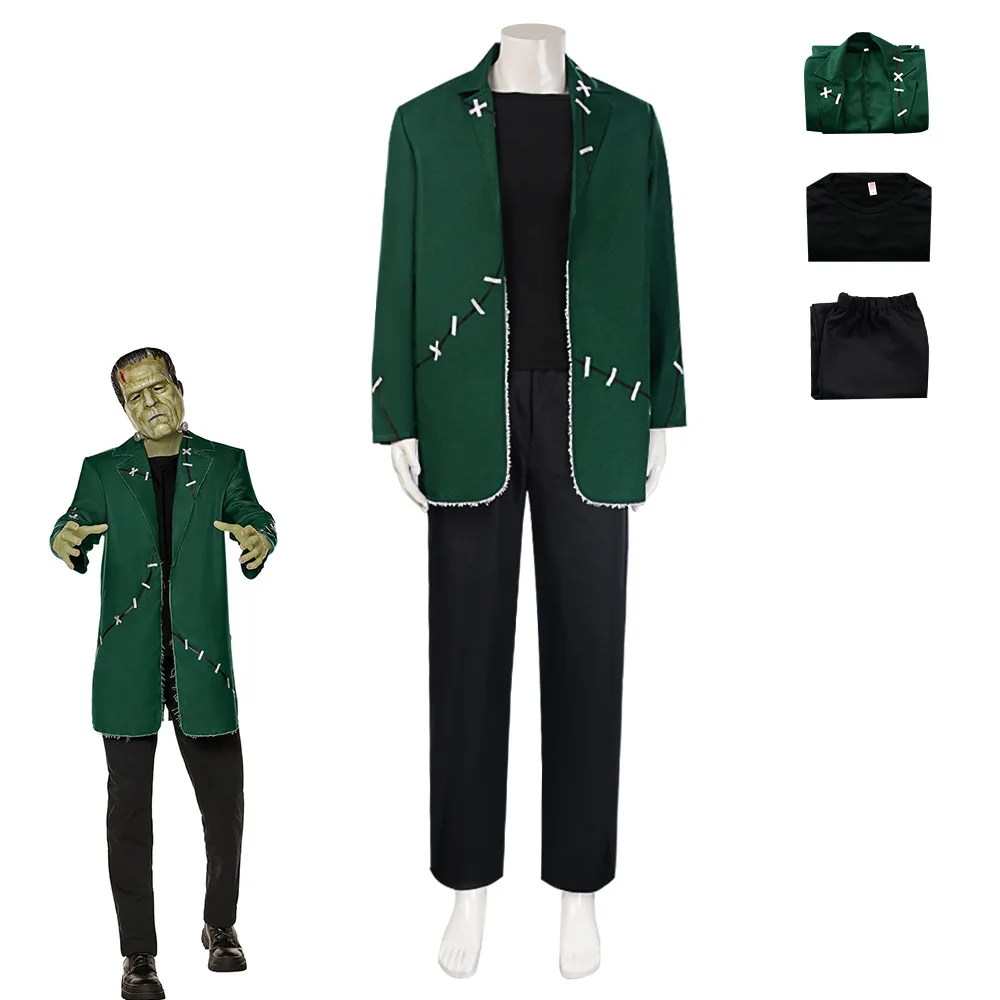 أزياء الهالوين فرانكنشتاين التأثيرية الوحش دكتور فرانك للرجال قناع الزي الجنون عالم بدلة خضراء حفلة فيلم مخيفة