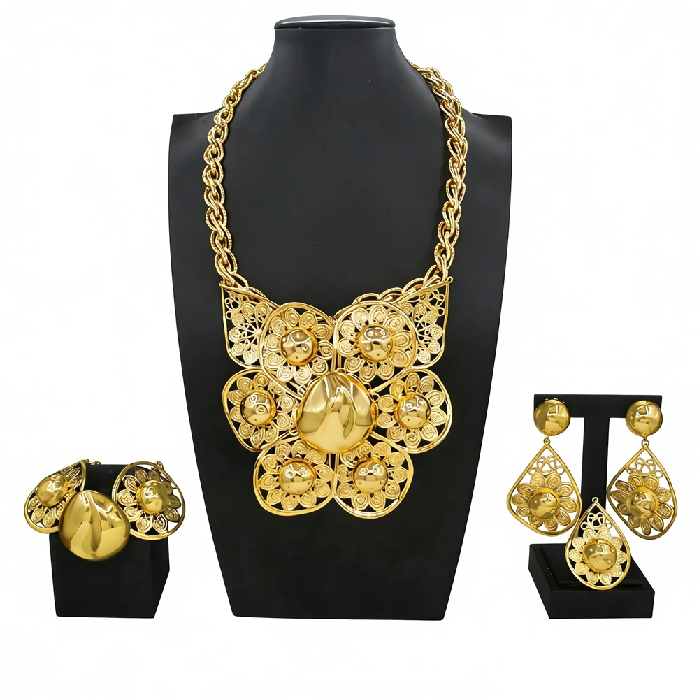 Neu eingetroffen: Vergoldetes Statement-Blumen-Schmuckset für Damen, Vintage-Halskette, Ohrringe, Armband, luxuriöses Party- und Hochzeitsgeschenk für Frauen