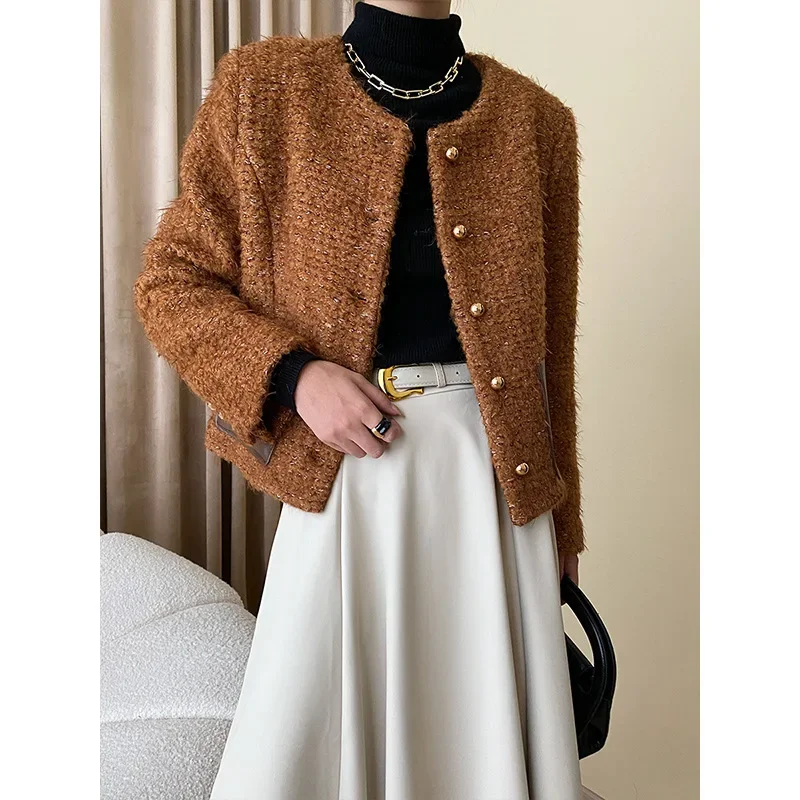 

Women French Brown Woolen Tweed Coat Fashion Leather Pocket Thick Small Fragrance Casual Loose Chic Female Jacket Autumn Winter