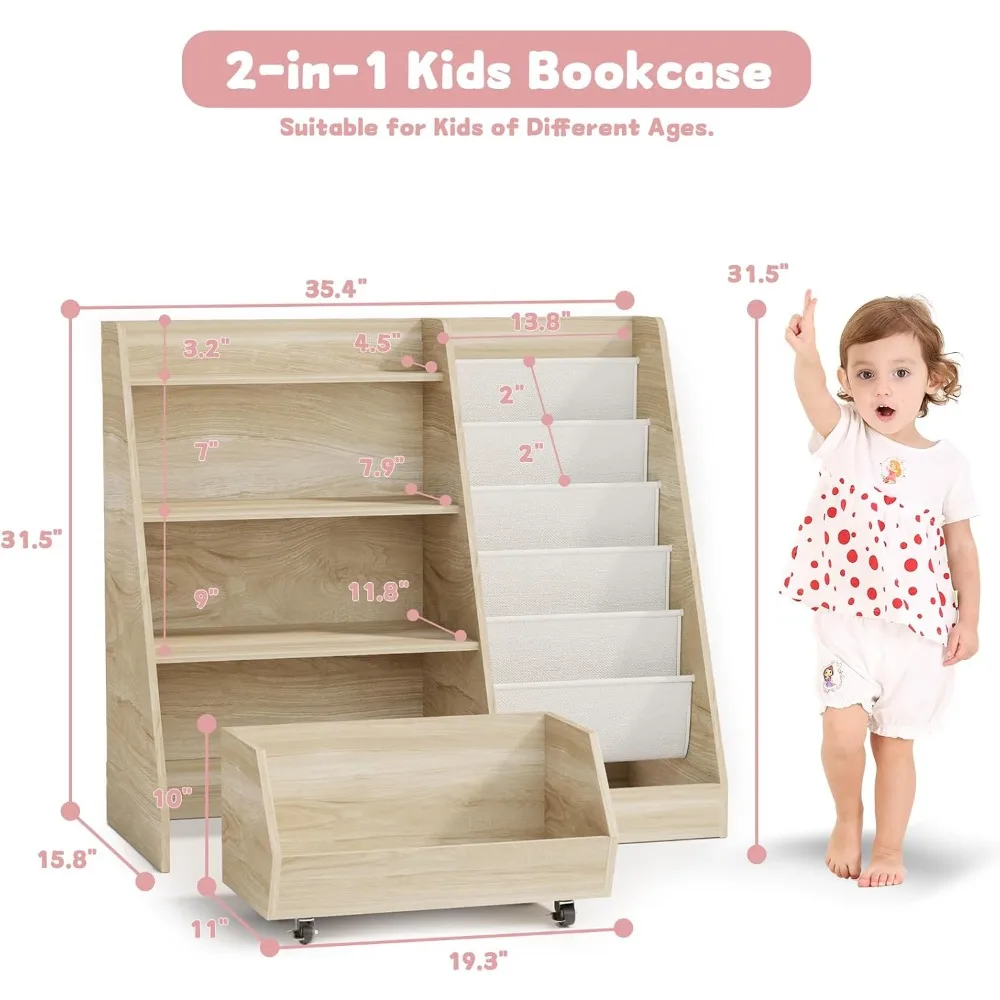 COZPAW Kids Bookshelf and Toy Storage, 4 Tier Toddler Bookshelf with Movable Drawer 5 Sling Pockets, Montessori Book Shelf for K