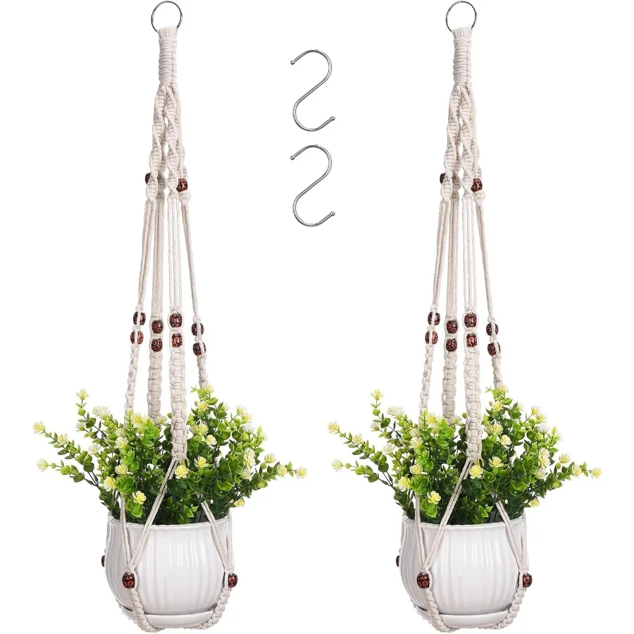 

Macrame Plant Hanger Hanging Planter Basket with Wood Beads Drative Boho Flower Pot Holder for Indoor and Outdoor Ivory 35 Inch
