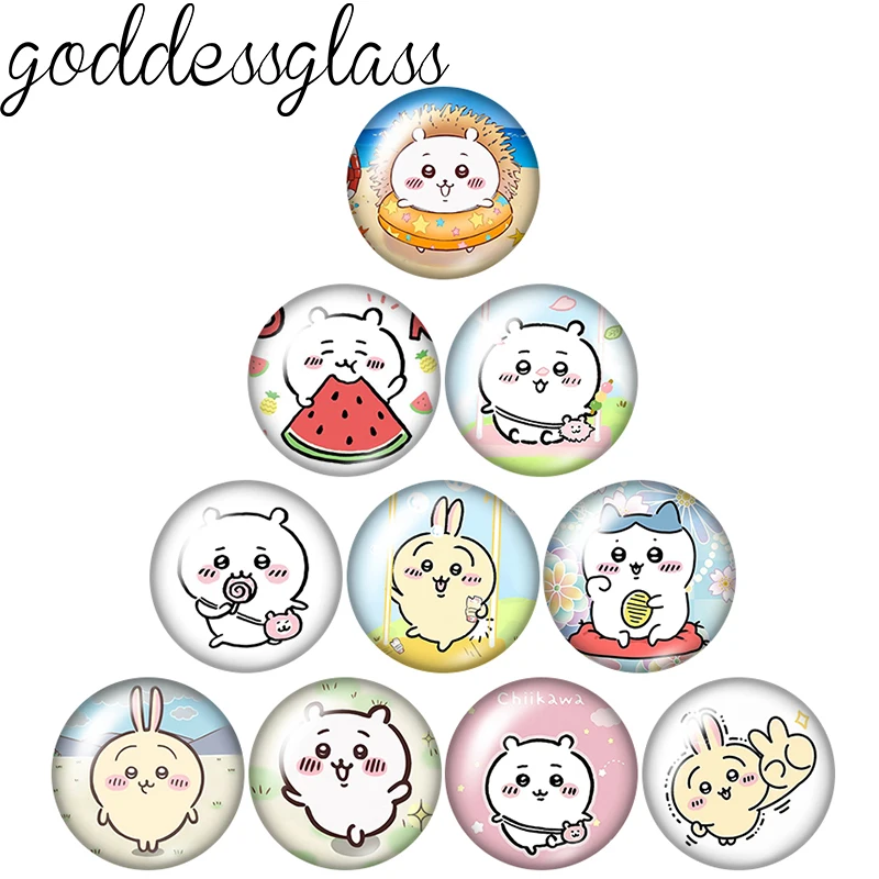 LvoLovely Cartoon Chiikawa Usagi Hachiware 12mm/18mm/20mm Photo Glass Cabochon Flat Back Making Findings for Keychain Jewelry
