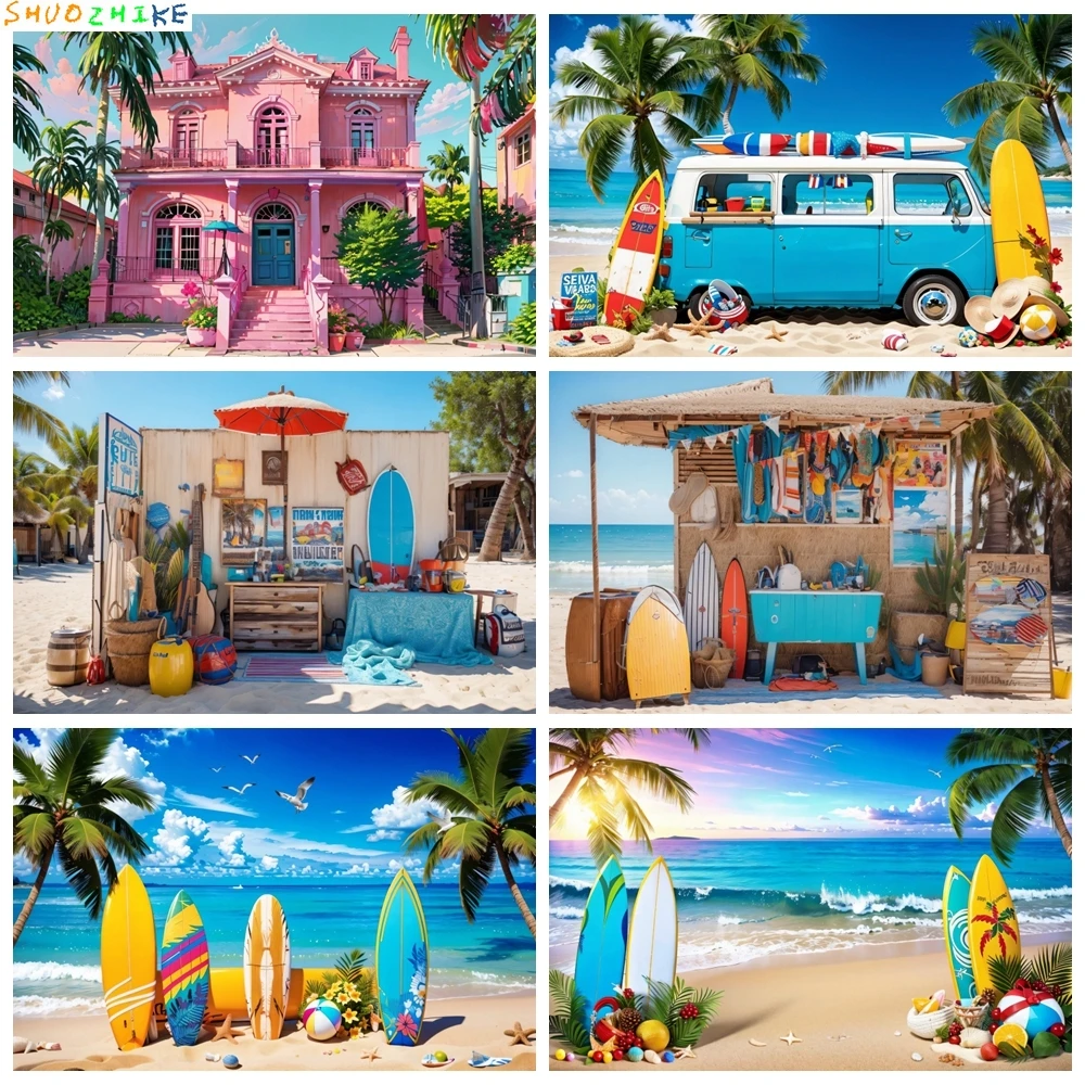 

Summer Tropical Backdrop Hawaiian Beach BAR Party Seaside Camping Car Surfboard Ocean Palm Photography Background Banner Props