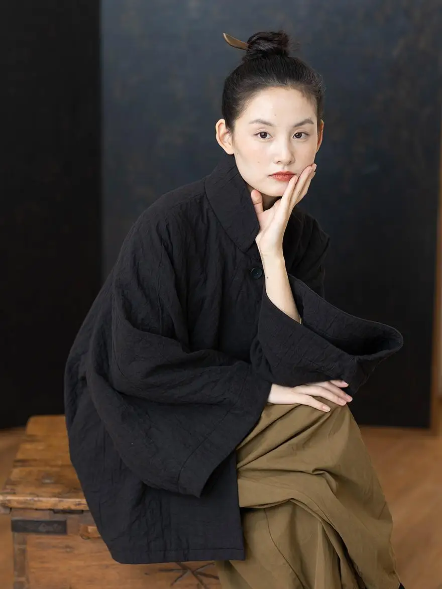 

Autumn Winter Double Layer Loose Fit Cotton Linen Coat for Independent Women Commute Sle Thiened Cowl Ne Coat