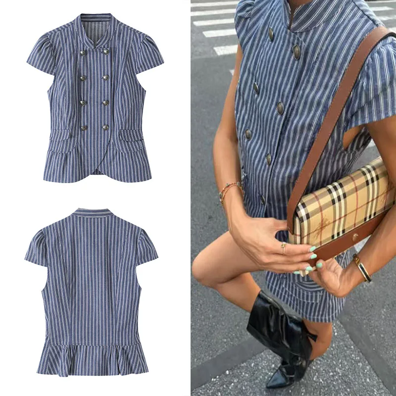 Vintage Striped Peplum Top for Women Stand Collar Double Breasted Cap Sleeve Slim Waist Casual Street Summer Daily Blouse