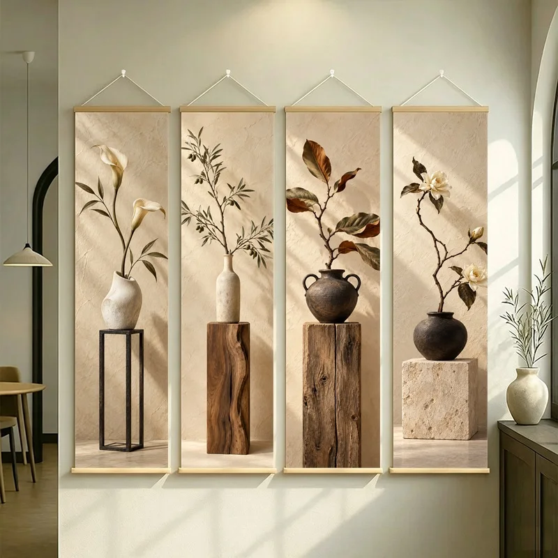 Wall Art Preserved Olive Leaf and Preserved Calla Lily, Wabi-Sabi Silver Shimmer Canvas Hanging Scroll for Meditation Room