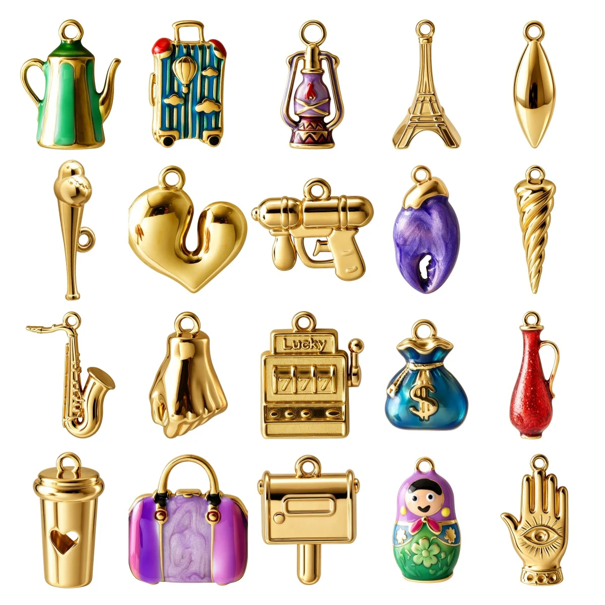 3Pcs Multi‑Style 3D Enamel Gold Plated Charms Kettle Eiffel Tower Saxophone Doll Evil Eye Handbag Travel Pendants DIY Jewelry