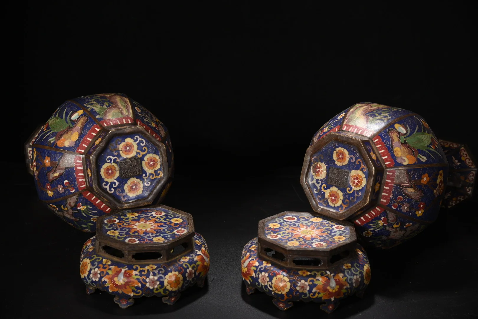 

17"Tibetan Temple Collection Old Bronze Cloisonne Enamel Chrysanthemum Plum Blossom Pattern Dragon Ear Hexagonal Vase Base