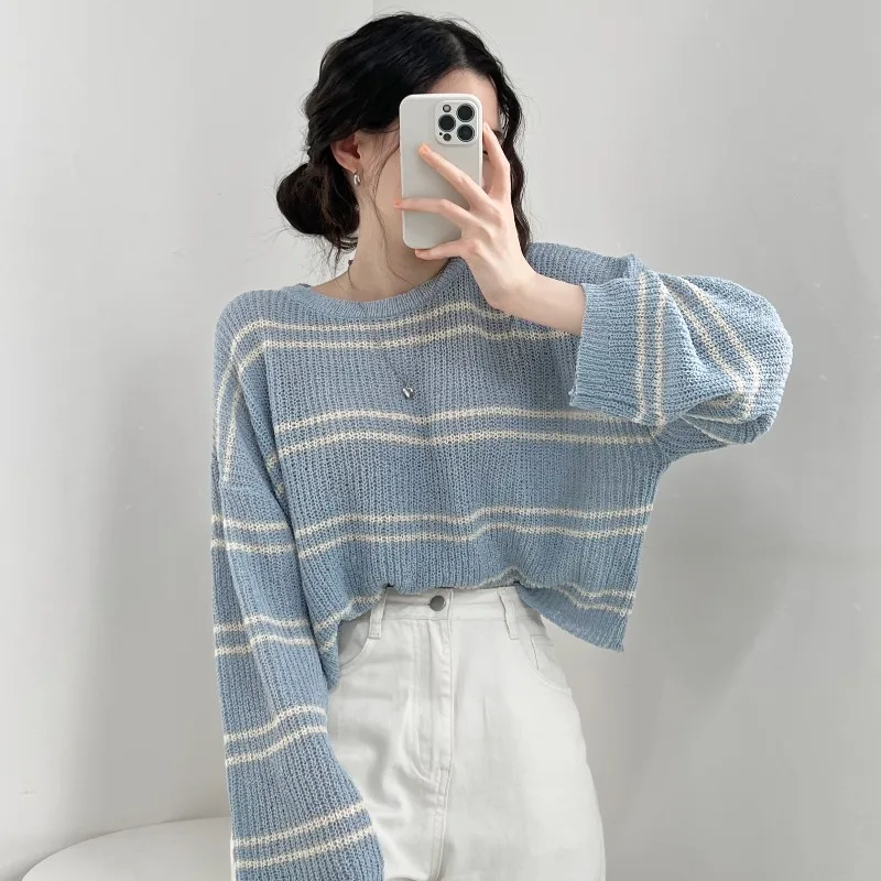 

Boring Honey Korean Fashion Striped Long-Sleeved T-Shirt Women's Spring Summer Sunscreen Blouse O-Neck Knitting Thin Top Women