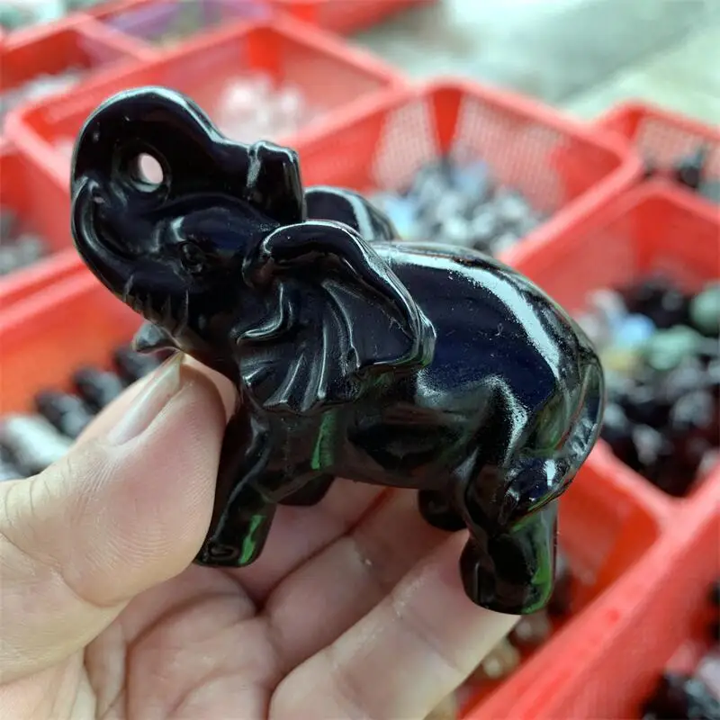 Obsidiana negra Natural elefante cristal Animal tanque paisajismo tallado curación regalo de Navidad decoración del hogar 1 Uds