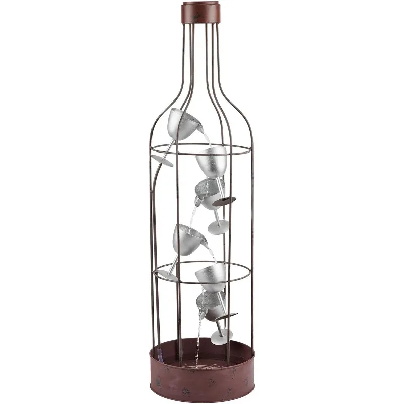 

IPS210 Outdoor Floor Rustic Eclectic Bottle Shaped Water Fountain with Tiered Wine Glasses, 44", Brown