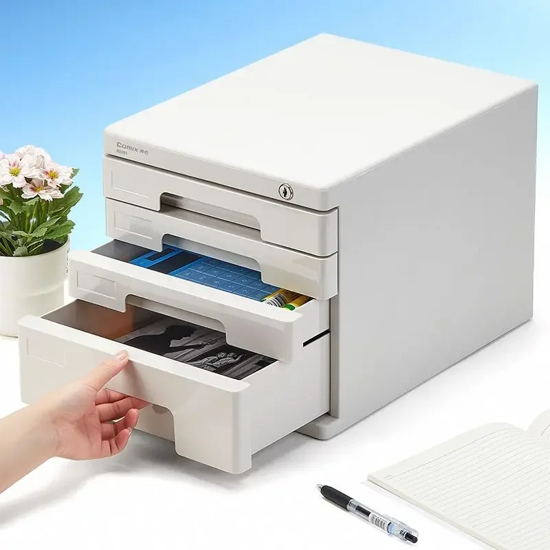 Lockable Office File Cabinet with 4-Layer Desktop Organizer Reinforced Plastic Drawers for Secure Document Storage A4 Paper Tray