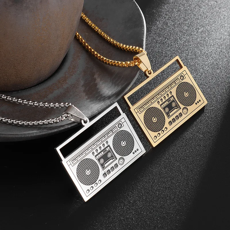 Retro Radio Pendant Necklace For Men Women Hip-hop Style Gold Color Titanium Steel Box Chain Fashin Cool Neck Jewelry Male Gifts