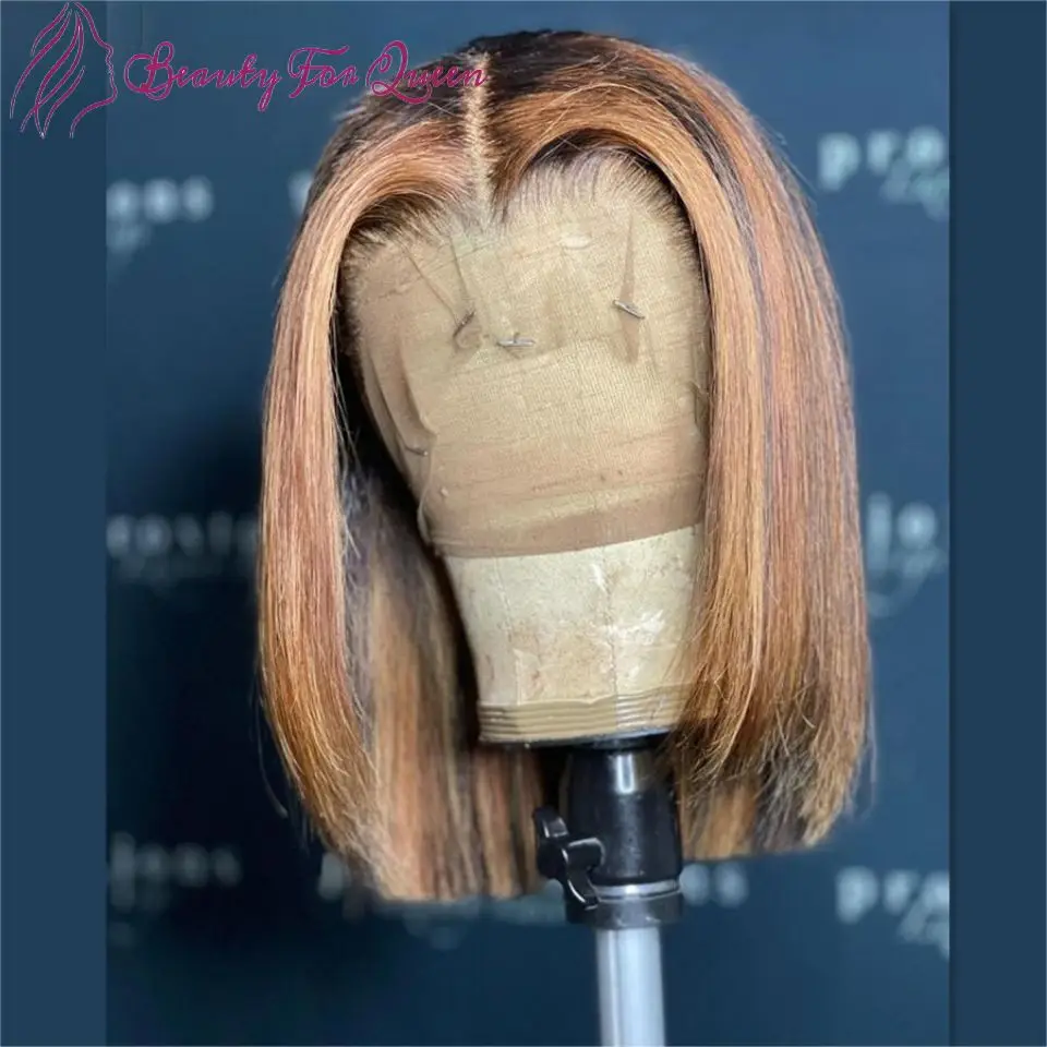 Wig Bob pendek lurus rambut manusia Pirang madu Highlight untuk wanita Wig tanpa lem renda depan ketebalan 150% rambut manusia