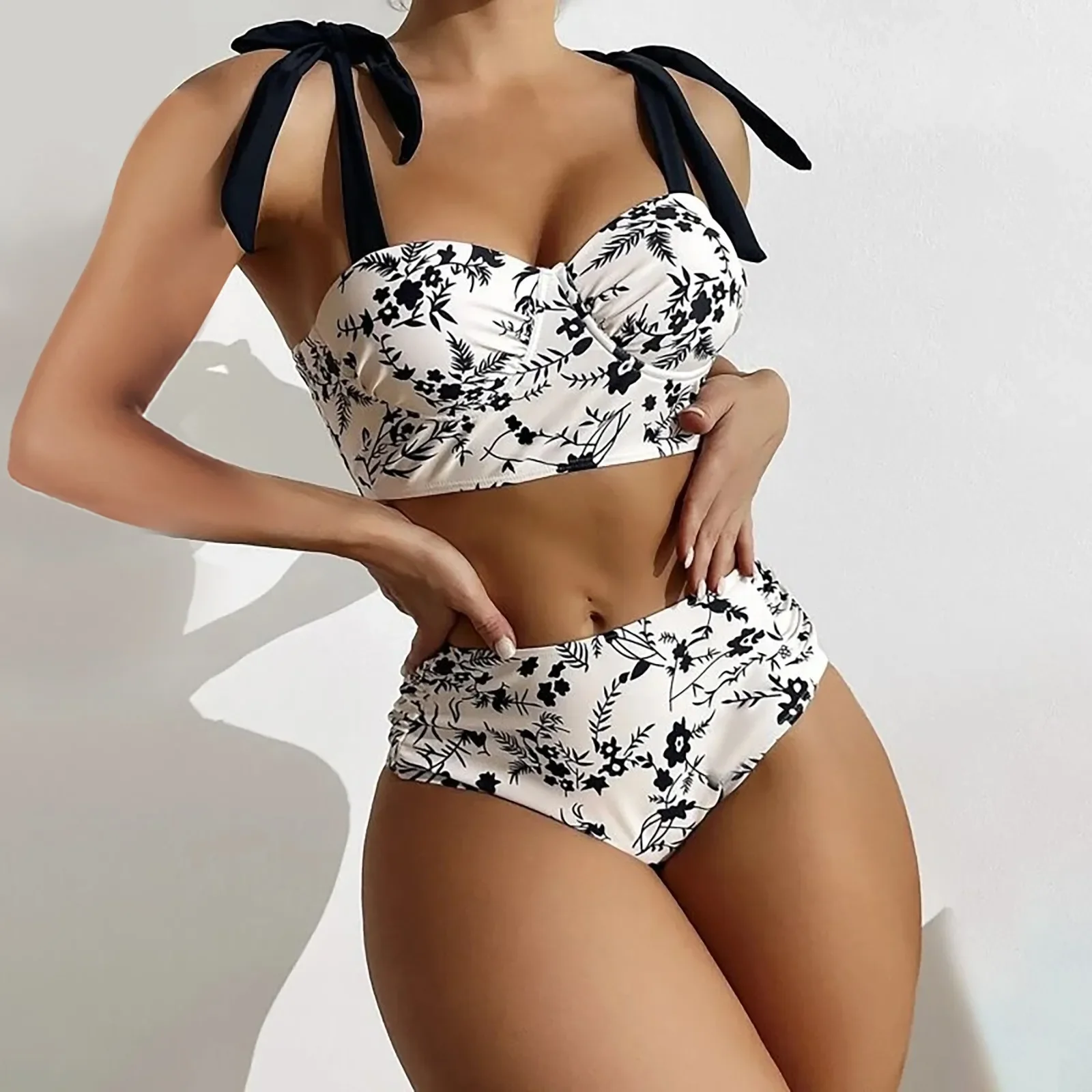 

Sexy Two Piece Bathing Suit Lace Up Strap Off Shoulder Pleated Push Up Padded Split Swimsuit Women’s High Waist Bathing Suit