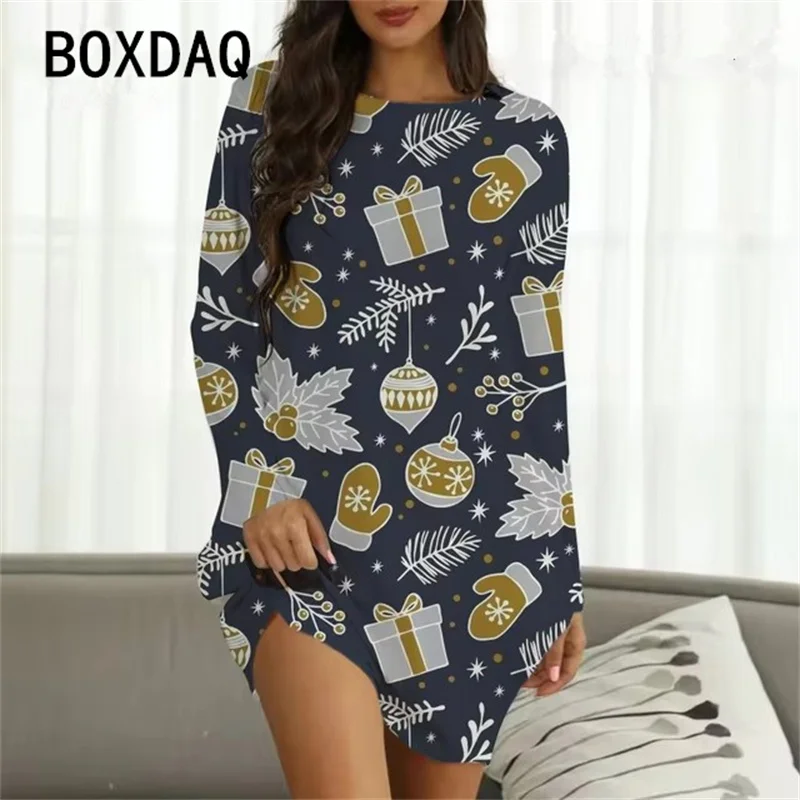 Autumn Fashion New Women Christmas Dress 3D Cartoon Christmas Deer Print Mini Dress Long Sleeve O-Neck Casual A-Line Dress