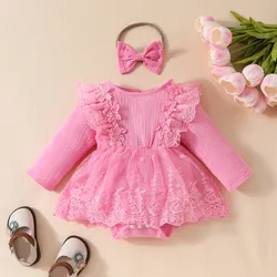 Newborn Baby Girl Bodysuit Spring Fall Clothes 3D Flower Long Sleeve Patchwork Mesh Jumpsuit  Dress Bow Headband 2 Piece Set