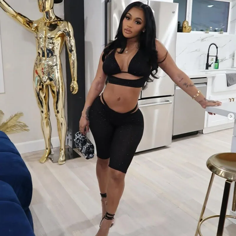 Sexy Sequin Hollow Out Short Sets Women 2 Piece Set Night Club Party V-neck Tank Crop Top and Shorts Matching Sets Womens Outfit