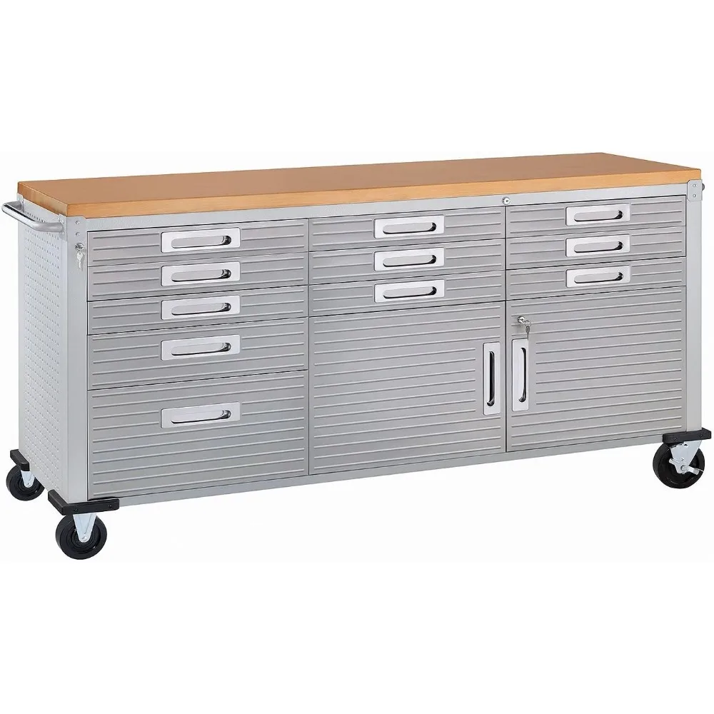 UltraHD Heavy Duty rolkast werkbanktafel met massief houten blad, werkstation voor garage, magazijn, kantoor,