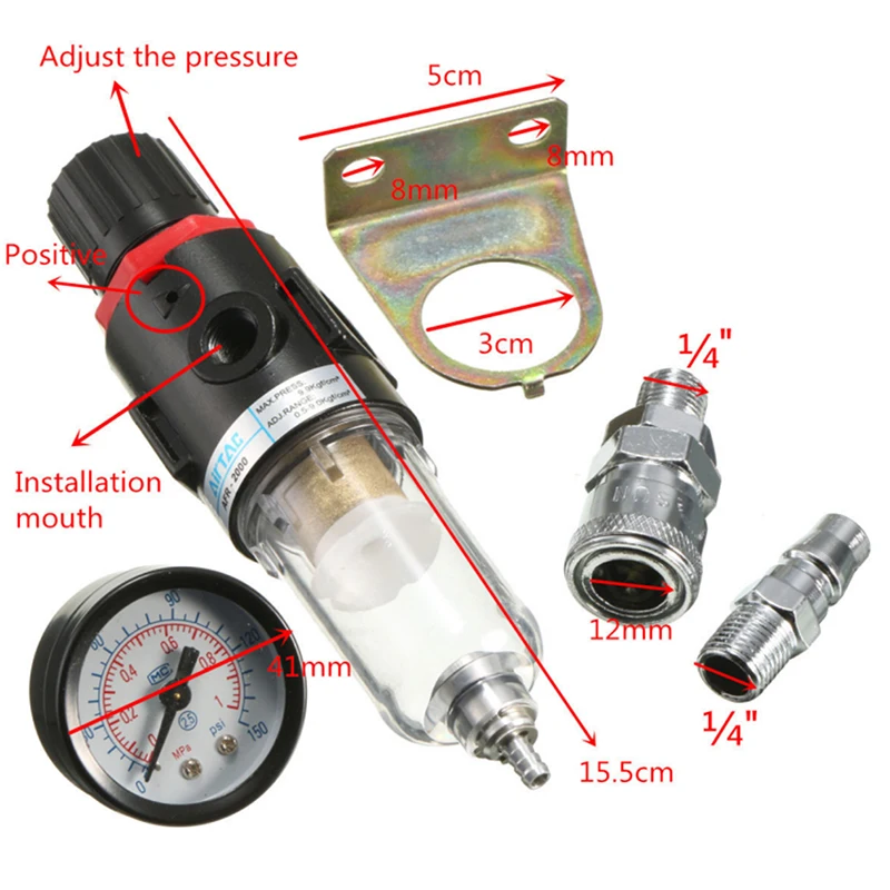 1/4\'\' Air Compressor Filter Water Separator Trap Tools Kit With Regulator Gauge