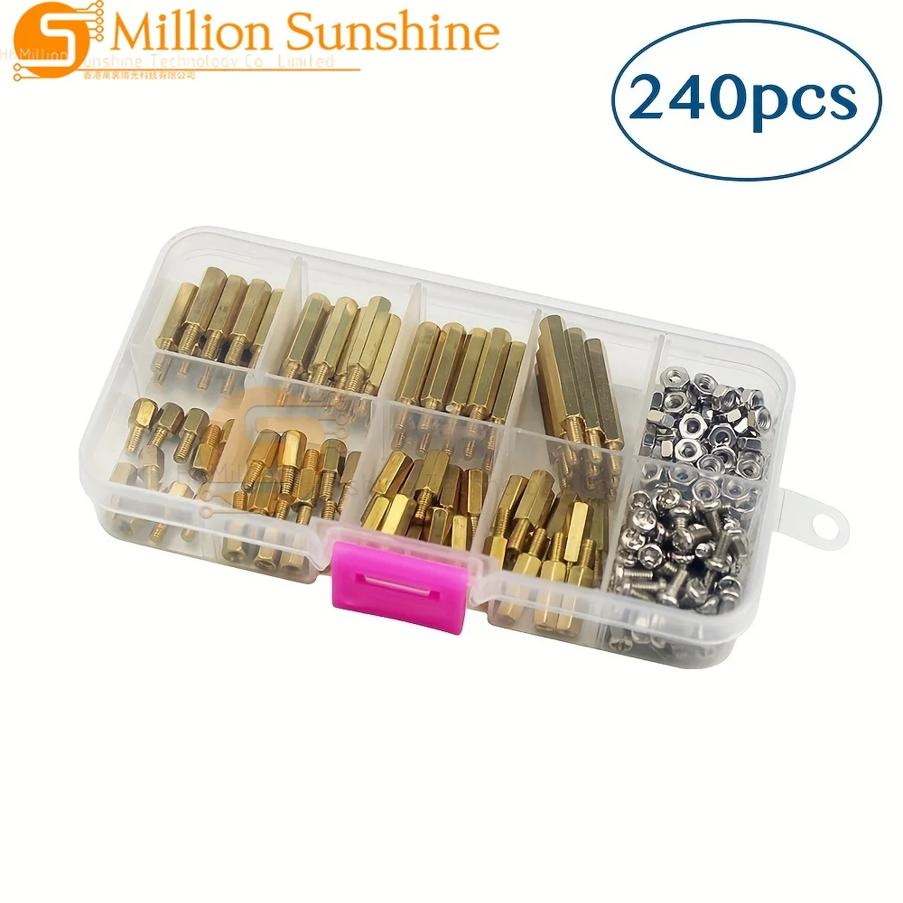 FUSUPI 240Pcs M3 Hex Brass Standoff Kit - Male/Female Threaded Spacers, Screws & Nuts Assortment for Electronic DIY Projects