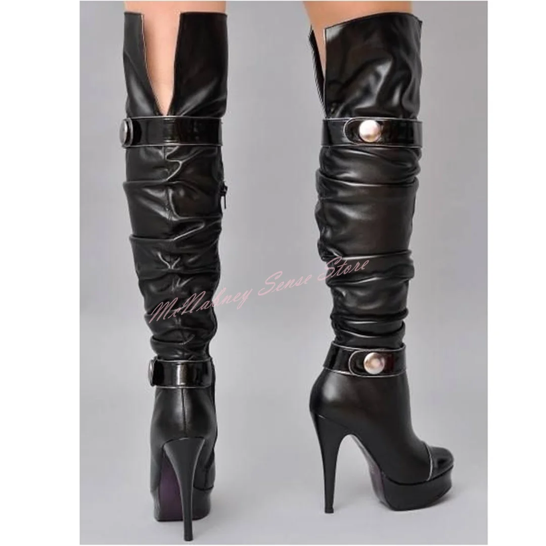 Platform Buckles Straps Boots Round Toe Patchwork Thin High Heels Over The Knee Side Zipper Boots Sexy Style Women Shoes Winter