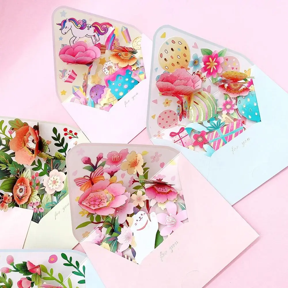 Romantic Flower Birthday Christmas Card with Envelope 3D Pop-up Greeting Cards Valentines Gifts Paper Flowers Postcard