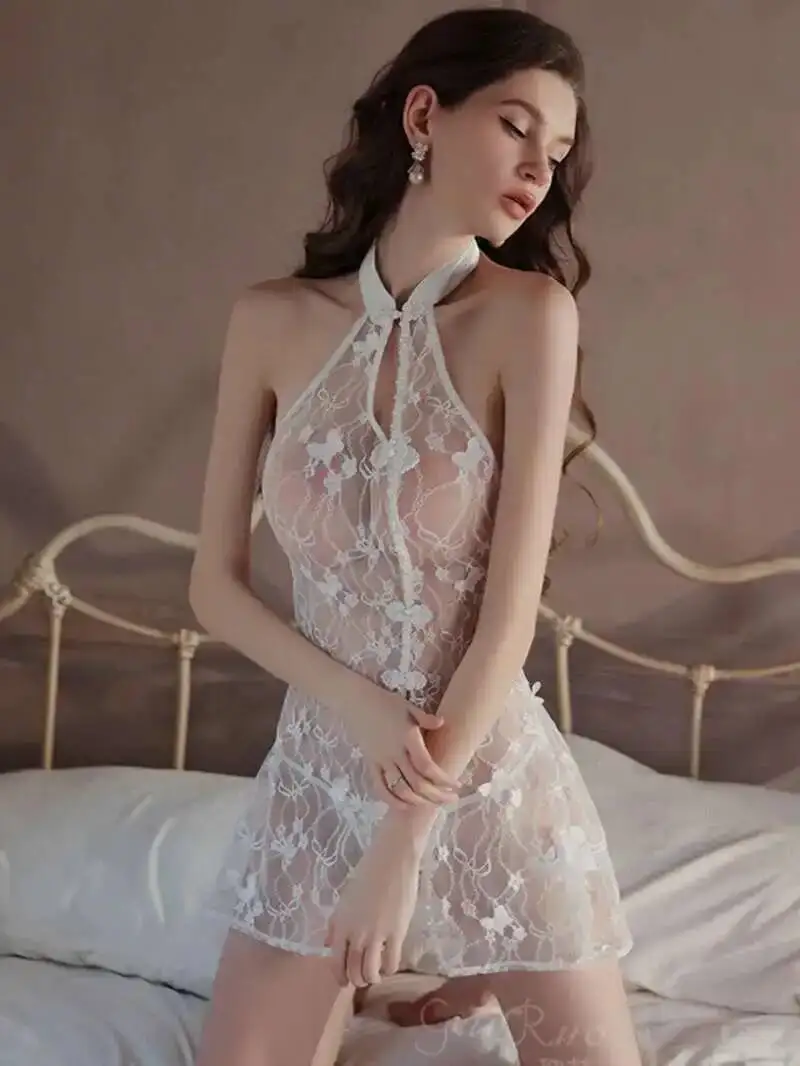 Nuovo Sexy 2025 Semplice Retro Del Collare Del Basamento Backless Del Merletto Sheer Cheongsam delle Donne Cinching Vita Sottile di Colore Solido Abito Corto O93K