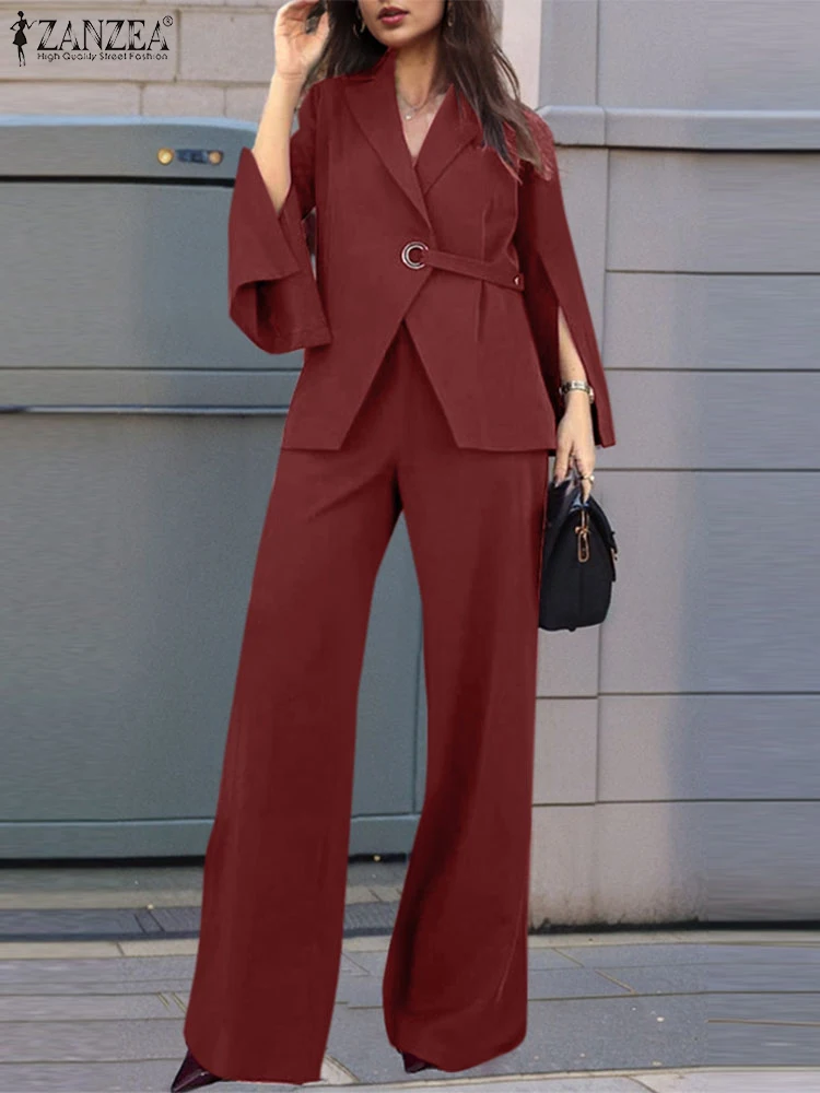 ZANZEA Office Lady Elegant 2-Pieces Sets Waistband Wide Leg Trouser Slit Long Sleeve Blazer Fashion Pant Sets Solid Women Suits