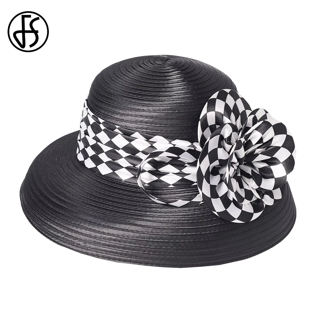 FS Fashion Black White Plaid Flower Bowler Hat For Women Formal Tea Party Fascinator Cap Wide Brim Bucket Hat Sombreros Mujer